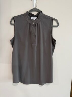 Calvin Klein Sleeveless Pleated-Neck Shell Top in Charcoal